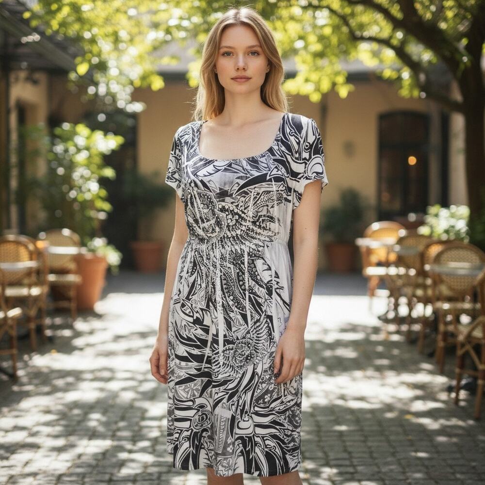 S-Twelve Blk Wht Paisley Fit Flare Dress Sz LG‎ Vintage Graphic Print Beadwork